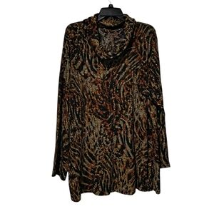Susan Graver 3XP Ribbed Knit Cowlneck Leopard Print Tunic Top in Black and Brown